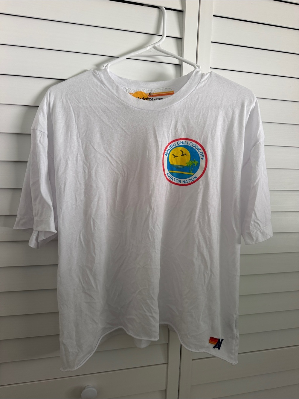 Aviator Nation White Tee with Yellow & Orange Neck Tag